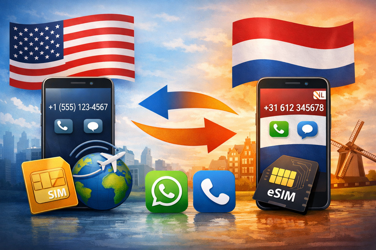 Illustration of a US phone number transferring to a Dutch eSIM phone, with American and Dutch flags, WhatsApp, and a windmill in the background