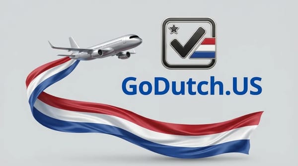 GoDutch.US logo with a checkmark shield in Dutch flag colors and an airplane trailing a Dutch flag ribbon