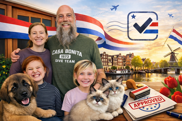 A family of four with a puppy and two cats, composited with Dutch canal houses, a windmill, tulips, and an APPROVED residency stamp