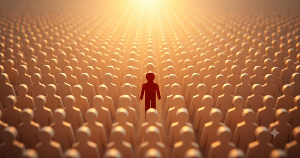 A single red figure standing out in a vast crowd of identical pale figures, lit from above
